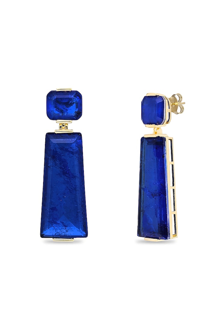 Gold Finish Dark Blue Moon Stone Dangler Earrings In Sterling Silver by MISS JO at Pernia's Pop Up Shop