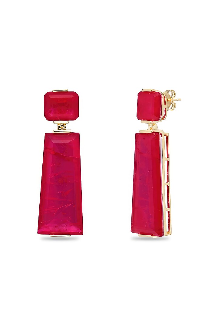 Gold Finish Deep Pink Moon Stone Dangler Earrings In Sterling Silver by MISS JO at Pernia's Pop Up Shop
