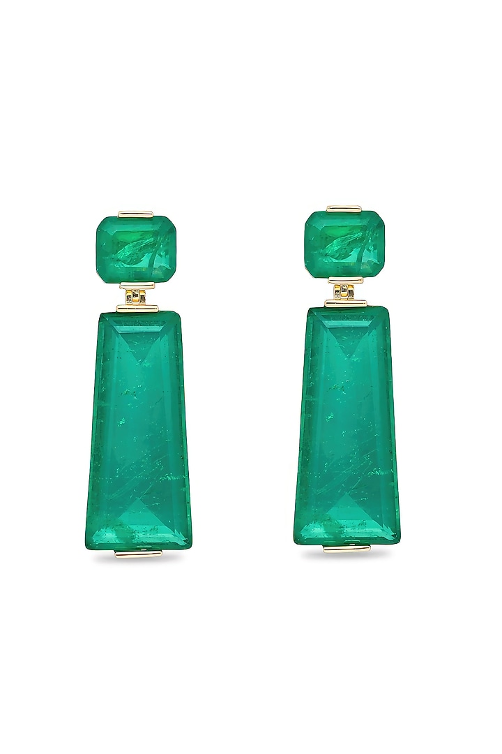 Gold Finish Emerald Green Moon Stone Dangler Earrings In Sterling Silver by MISS JO at Pernia's Pop Up Shop