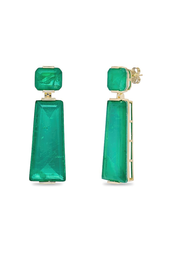 Gold Finish Emerald Green Moon Stone Dangler Earrings In Sterling Silver by MISS JO at Pernia's Pop Up Shop