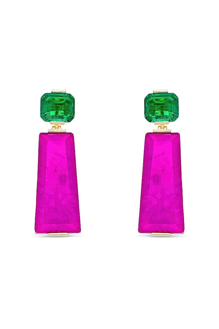 Gold Finish Emerald Green & Light Purple Moon Stone Dangler Earrings In Sterling Silver by MISS JO at Pernia's Pop Up Shop