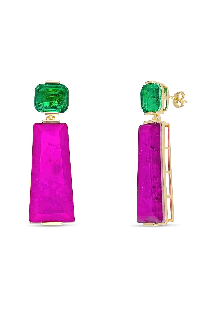 Gold Finish Emerald Green & Light Purple Moon Stone Dangler Earrings In Sterling Silver by MISS JO at Pernia's Pop Up Shop