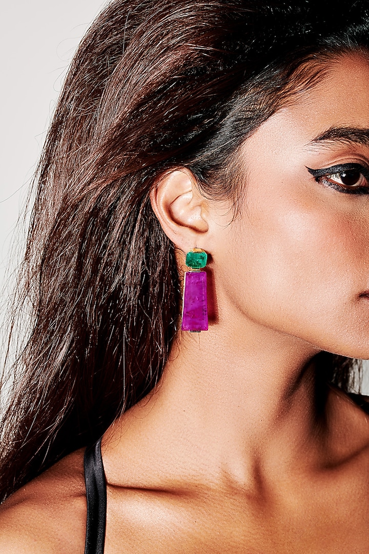 Gold Finish Emerald Green & Light Purple Moon Stone Dangler Earrings In Sterling Silver by MISS JO at Pernia's Pop Up Shop
