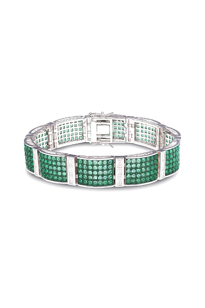 White Rhodium Finish Emerald Spinel Stone Cuff Bracelet In Sterling Silver by MISS JO at Pernia's Pop Up Shop