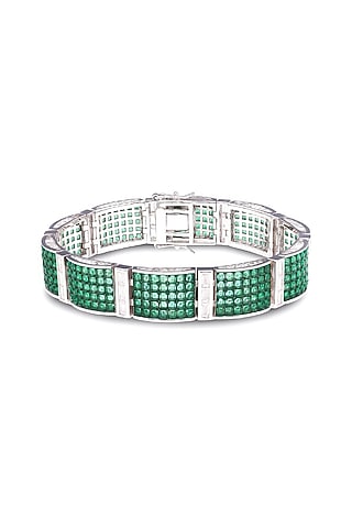 White Rhodium Finish Emerald Spinel Stone Cuff Bracelet In Sterling Silver by MISS JO