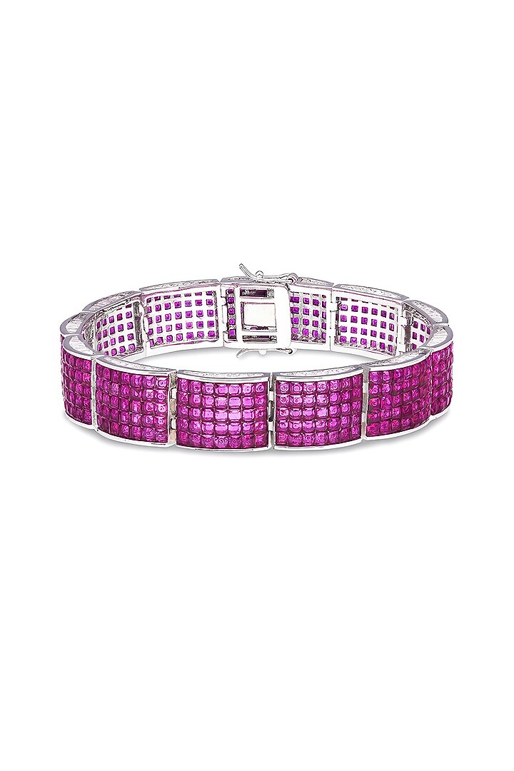 White Rhodium Finish Ruby Spinel Stone Cuff Bracelet In Sterling Silver by MISS JO at Pernia's Pop Up Shop