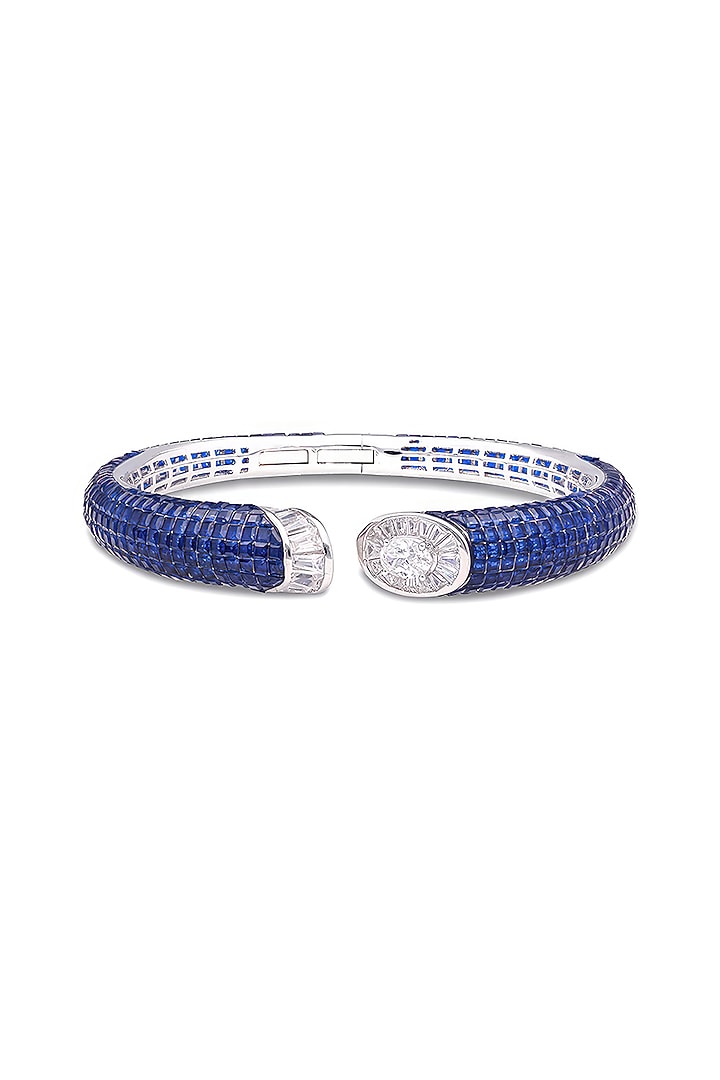 White Rhodium Finish Sapphire Spinel Stone Cuff Bracelet In Sterling Silver by MISS JO at Pernia's Pop Up Shop