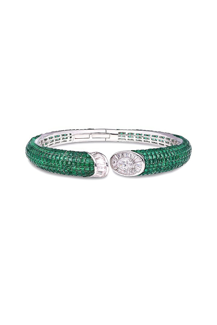 White Rhodium Finish Emerald Spinel Stone Cuff Bracelet In Sterling Silver by MISS JO at Pernia's Pop Up Shop
