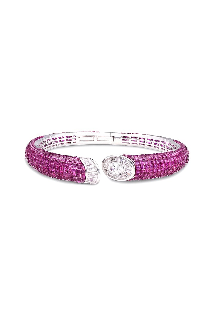 White Rhodium Finish Ruby Spinel Stone Cuff Bracelet In Sterling Silver by MISS JO at Pernia's Pop Up Shop