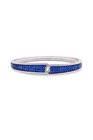 White Rhodium Finish Sapphire Spinel Stone Bangle In Sterling Silver by MISS JO