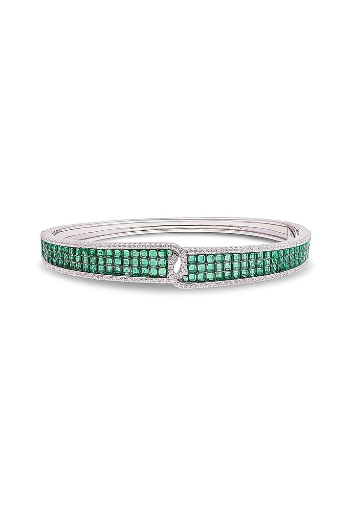 White Rhodium Finish Emerald Spinel Stone Bangle In Sterling Silver by MISS JO at Pernia's Pop Up Shop