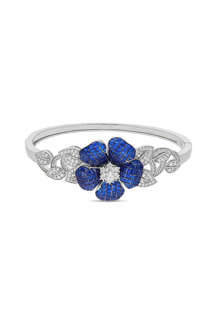 White Rhodium Finish Sapphire Spinel Stone Cuff Bracelet In Sterling Silver by MISS JO at Pernia's Pop Up Shop