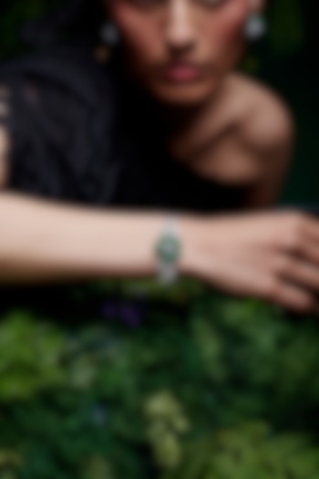 White Rhodium Finish Emerald Spinel Stone Cuff Bracelet In Sterling Silver by MISS JO at Pernia's Pop Up Shop