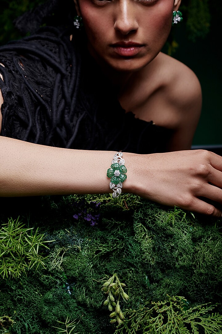 White Rhodium Finish Emerald Spinel Stone Cuff Bracelet In Sterling Silver by MISS JO at Pernia's Pop Up Shop