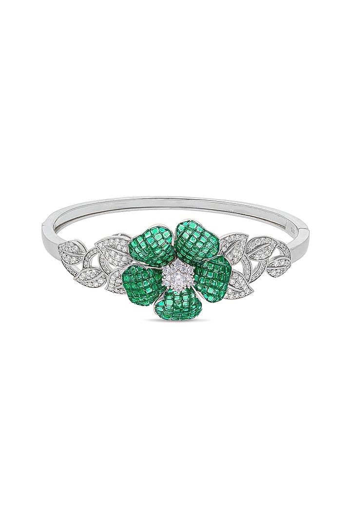 White Rhodium Finish Emerald Spinel Stone Cuff Bracelet In Sterling Silver by MISS JO at Pernia's Pop Up Shop