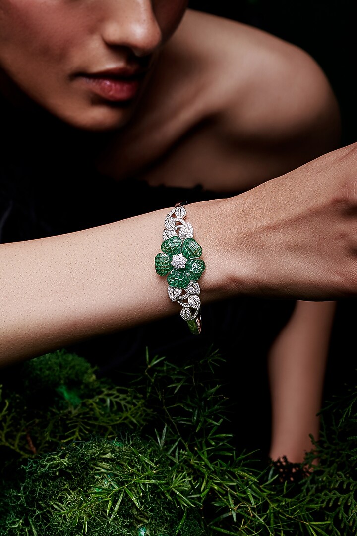 White Rhodium Finish Emerald Spinel Stone Cuff Bracelet In Sterling Silver by MISS JO at Pernia's Pop Up Shop