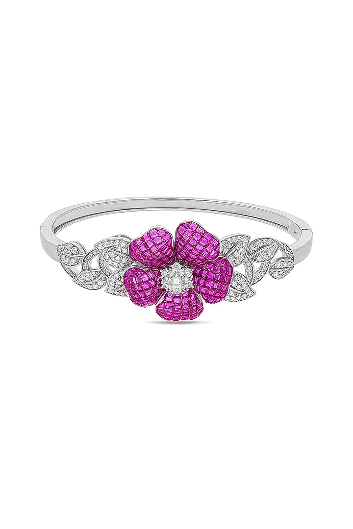 White Rhodium Finish Ruby Spinel Stone Cuff Bracelet In Sterling Silver by MISS JO at Pernia's Pop Up Shop