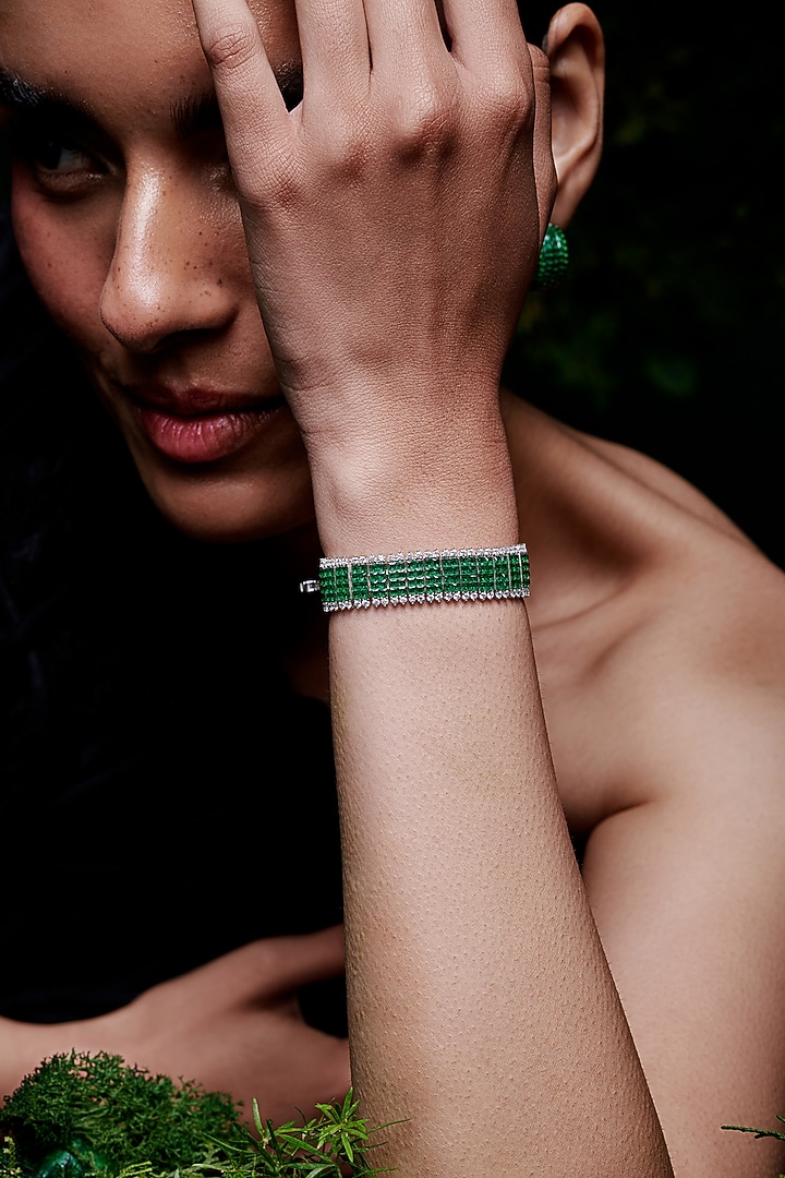 White Rhodium Finish Emerald Spinel Stone Tennis Bracelet In Sterling Silver by MISS JO at Pernia's Pop Up Shop