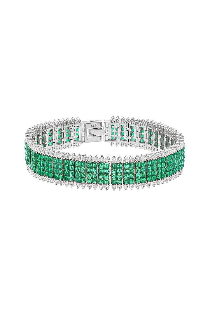 White Rhodium Finish Emerald Spinel Stone Tennis Bracelet In Sterling Silver by MISS JO at Pernia's Pop Up Shop