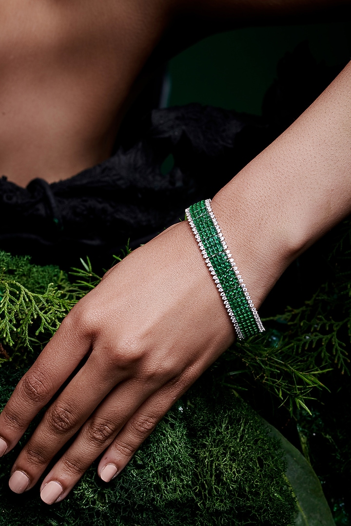White Rhodium Finish Emerald Spinel Stone Tennis Bracelet In Sterling Silver by MISS JO at Pernia's Pop Up Shop