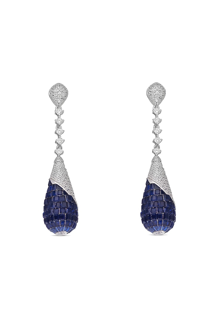 White Rhodium Finish Sapphire Spinel Stone Dangler Earrings In Sterling Silver by MISS JO at Pernia's Pop Up Shop