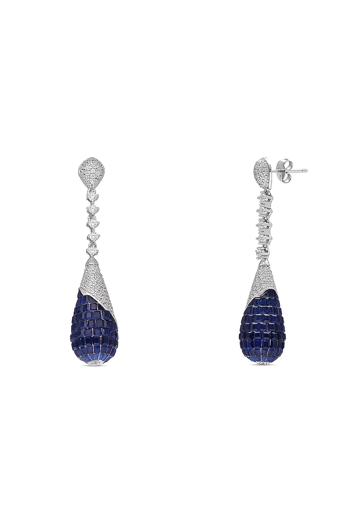 White Rhodium Finish Sapphire Spinel Stone Dangler Earrings In Sterling Silver by MISS JO at Pernia's Pop Up Shop