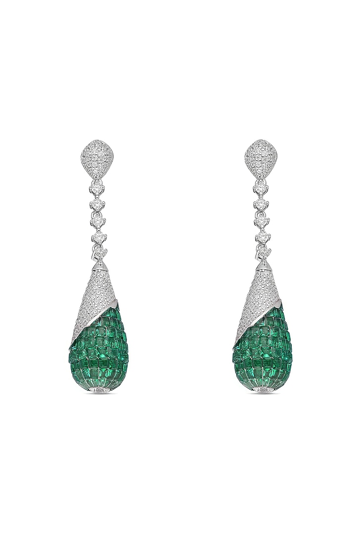 White Rhodium Finish Emerald Spinel Stone Dangler Earrings In Sterling Silver by MISS JO at Pernia's Pop Up Shop