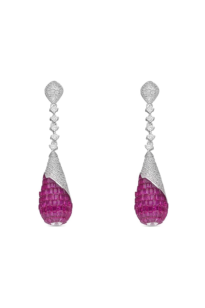 White Rhodium Finish Ruby Spinel Stone Dangler Earrings In Sterling Silver by MISS JO at Pernia's Pop Up Shop
