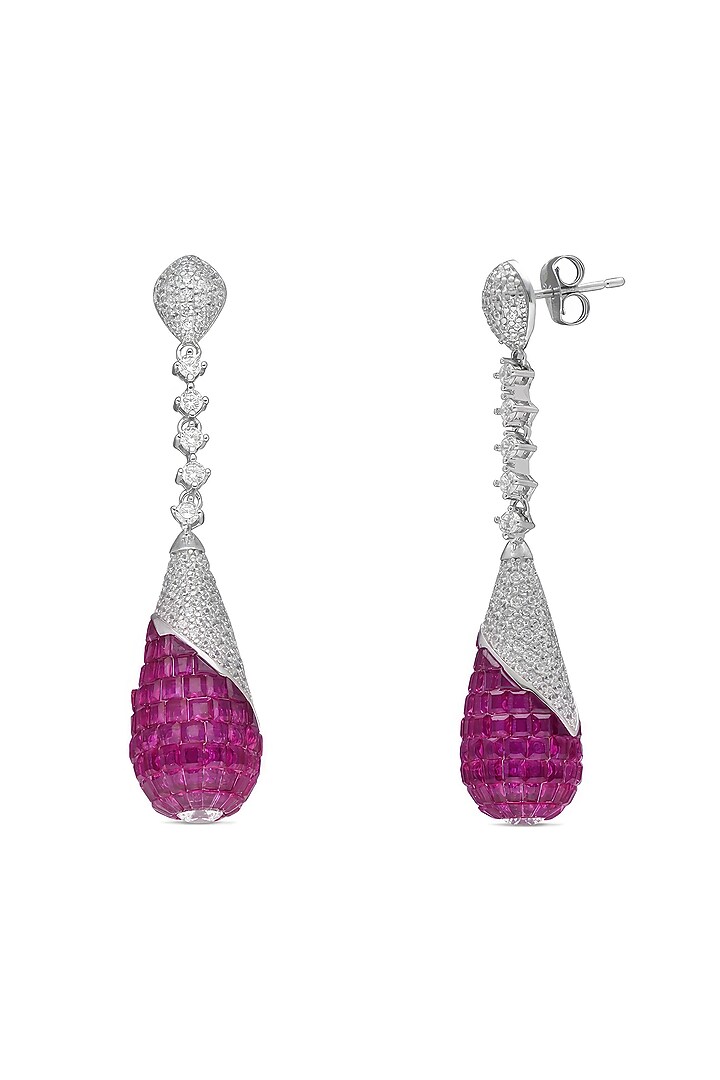 White Rhodium Finish Ruby Spinel Stone Dangler Earrings In Sterling Silver by MISS JO at Pernia's Pop Up Shop