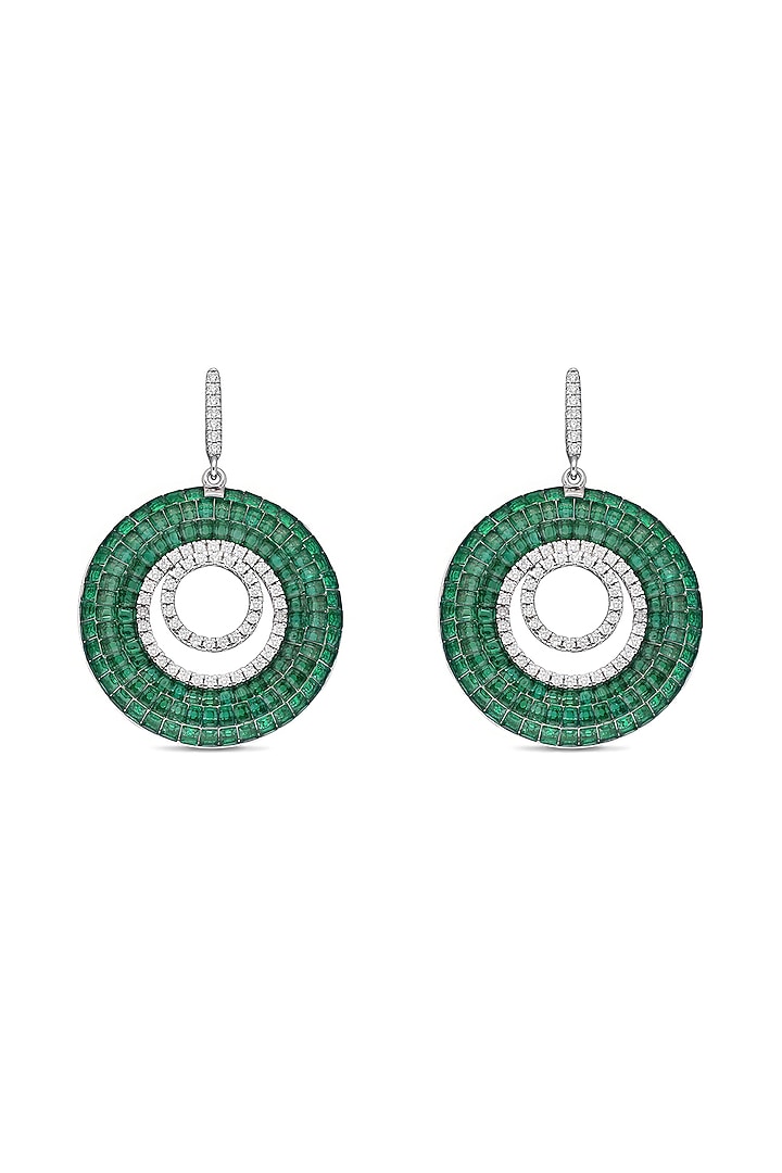 White Rhodium Finish Emerald Spinel Stone Dangler Earrings In Sterling Silver by MISS JO at Pernia's Pop Up Shop