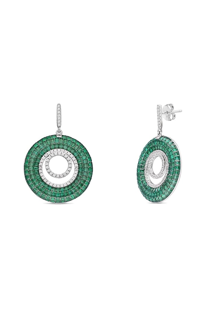 White Rhodium Finish Emerald Spinel Stone Dangler Earrings In Sterling Silver by MISS JO at Pernia's Pop Up Shop