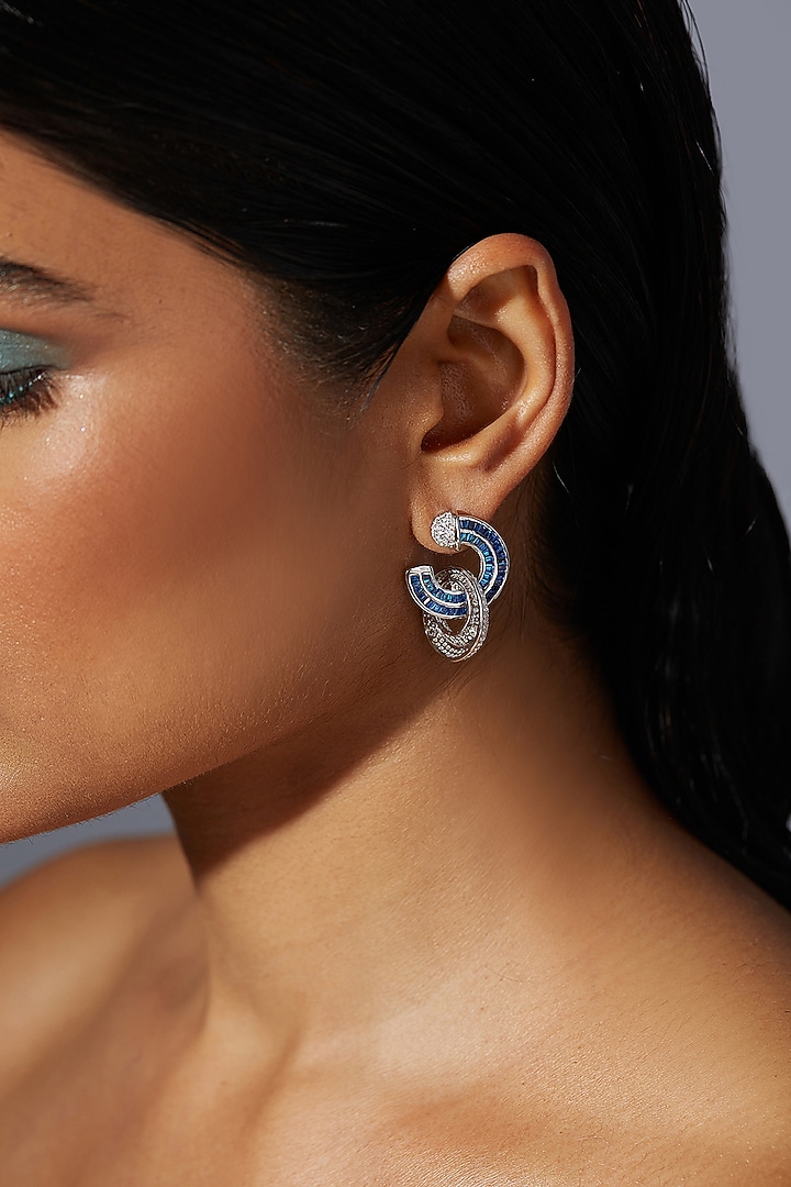 White Rhodium Finish Sapphire Spinel Stone & Zircon Hoop Earrings In Sterling Silver by MISS JO at Pernia's Pop Up Shop