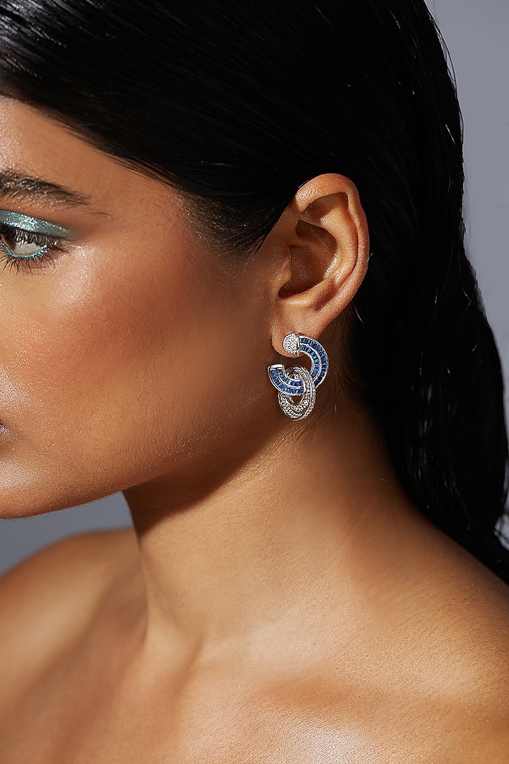 White Rhodium Finish Sapphire Spinel Stone & Zircon Hoop Earrings In Sterling Silver by MISS JO at Pernia's Pop Up Shop