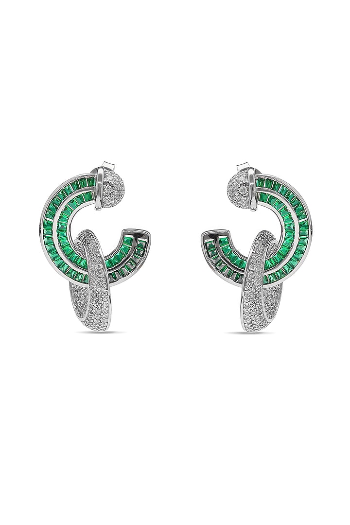 White Rhodium Finish Emerald Spinel Stone & Zircon Hoop Earrings In Sterling Silver by MISS JO at Pernia's Pop Up Shop