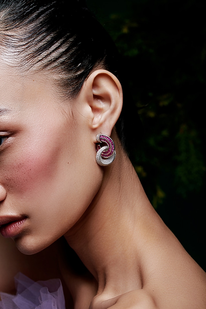 White Rhodium Finish Ruby Spinel Stone & Zircon Hoop Earrings In Sterling Silver by MISS JO at Pernia's Pop Up Shop