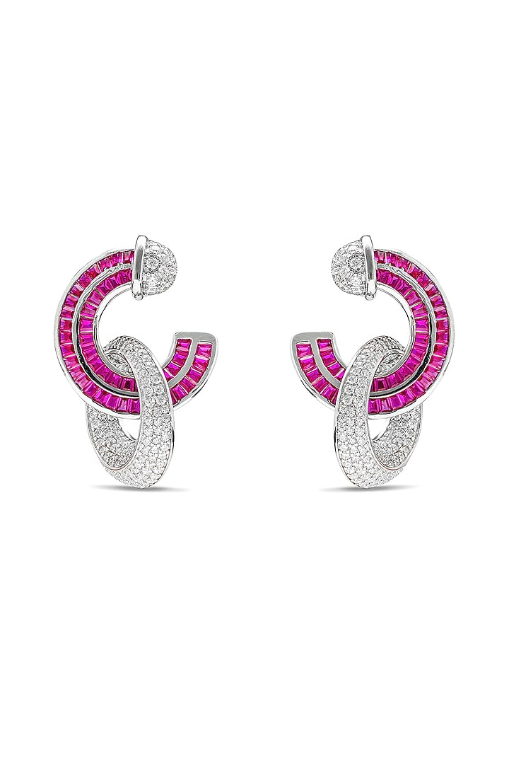 White Rhodium Finish Ruby Spinel Stone & Zircon Hoop Earrings In Sterling Silver by MISS JO at Pernia's Pop Up Shop