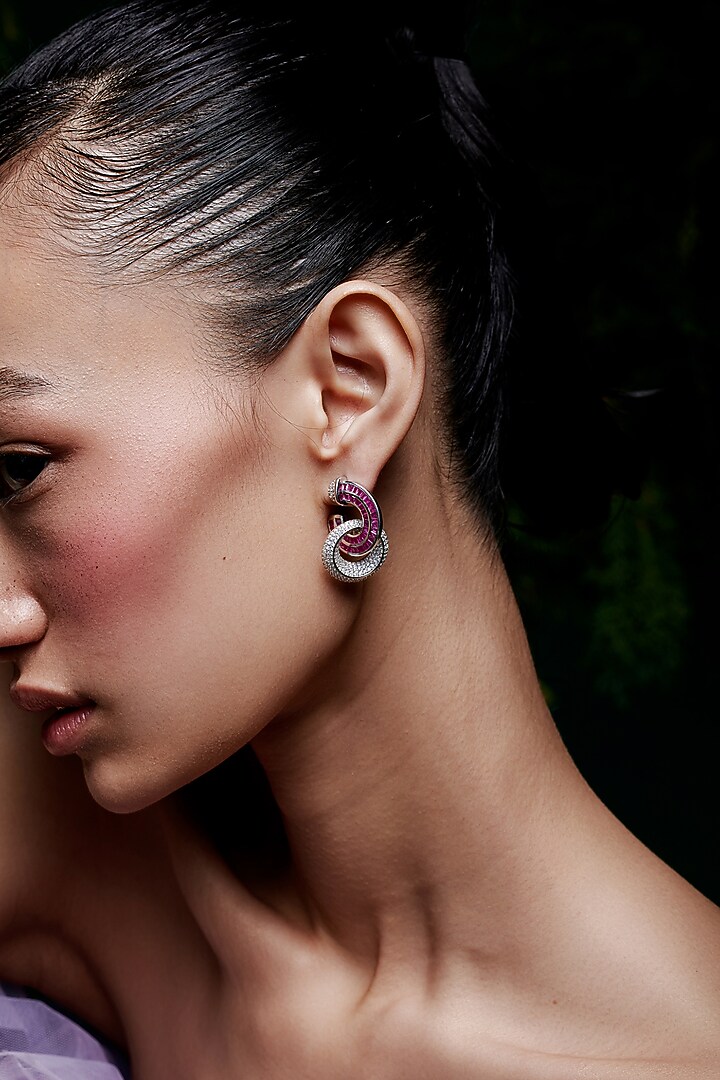White Rhodium Finish Ruby Spinel Stone & Zircon Hoop Earrings In Sterling Silver by MISS JO at Pernia's Pop Up Shop