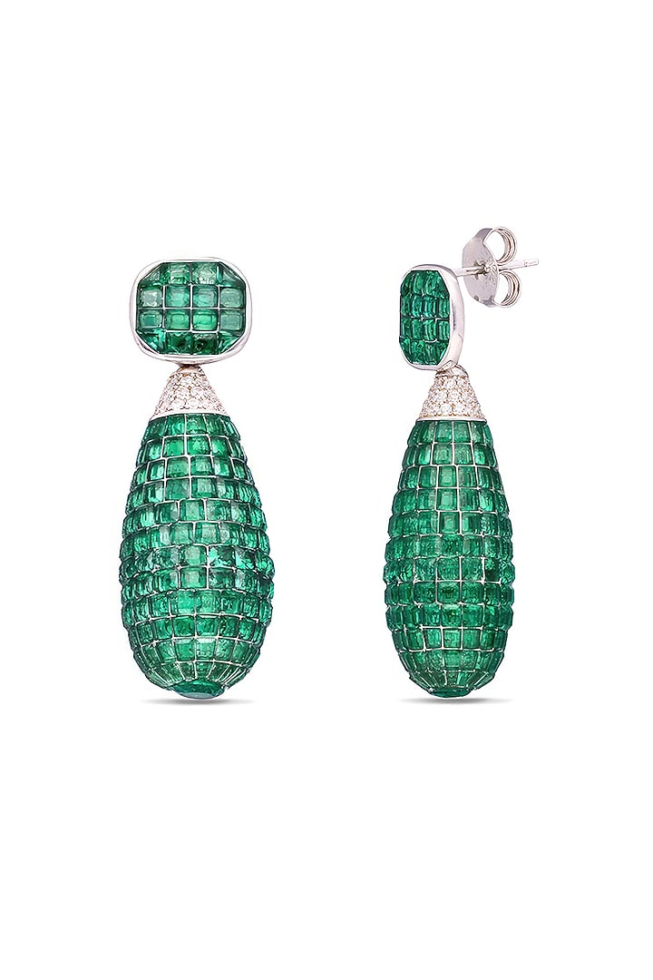 White Rhodium Finish Emerald Spinel Stone Dangler Earrings In Sterling Silver by MISS JO at Pernia's Pop Up Shop