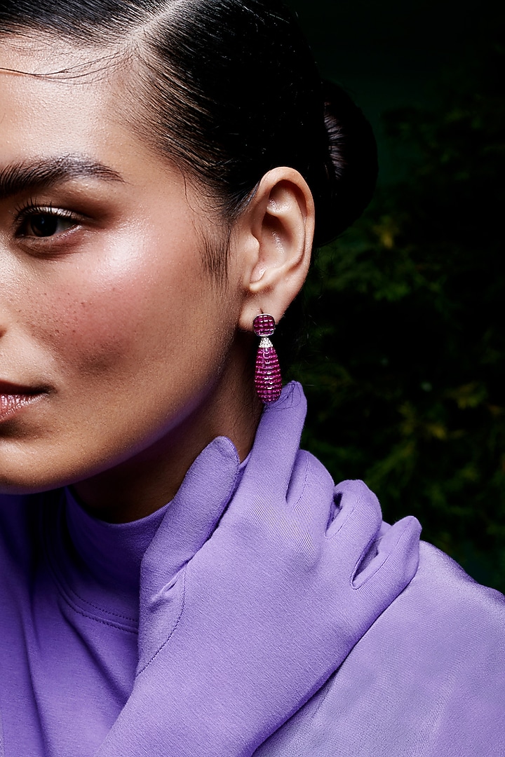 White Rhodium Finish Ruby Spinel Stone Dangler Earrings In Sterling Silver by MISS JO at Pernia's Pop Up Shop