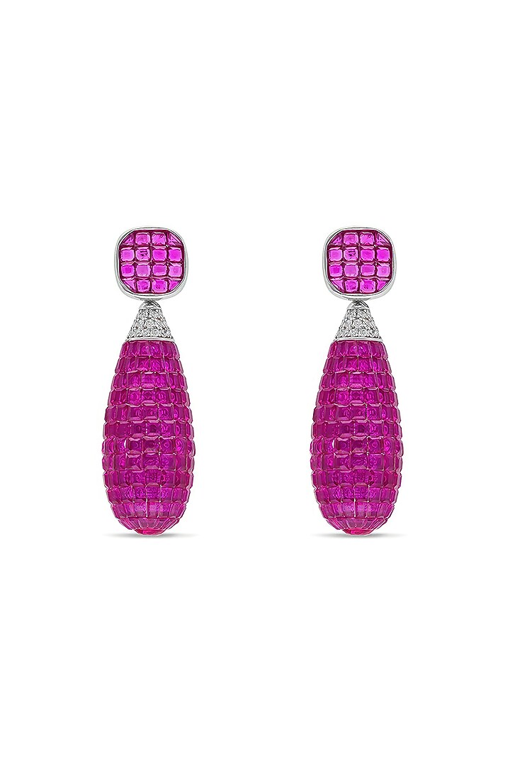 White Rhodium Finish Ruby Spinel Stone Dangler Earrings In Sterling Silver by MISS JO at Pernia's Pop Up Shop