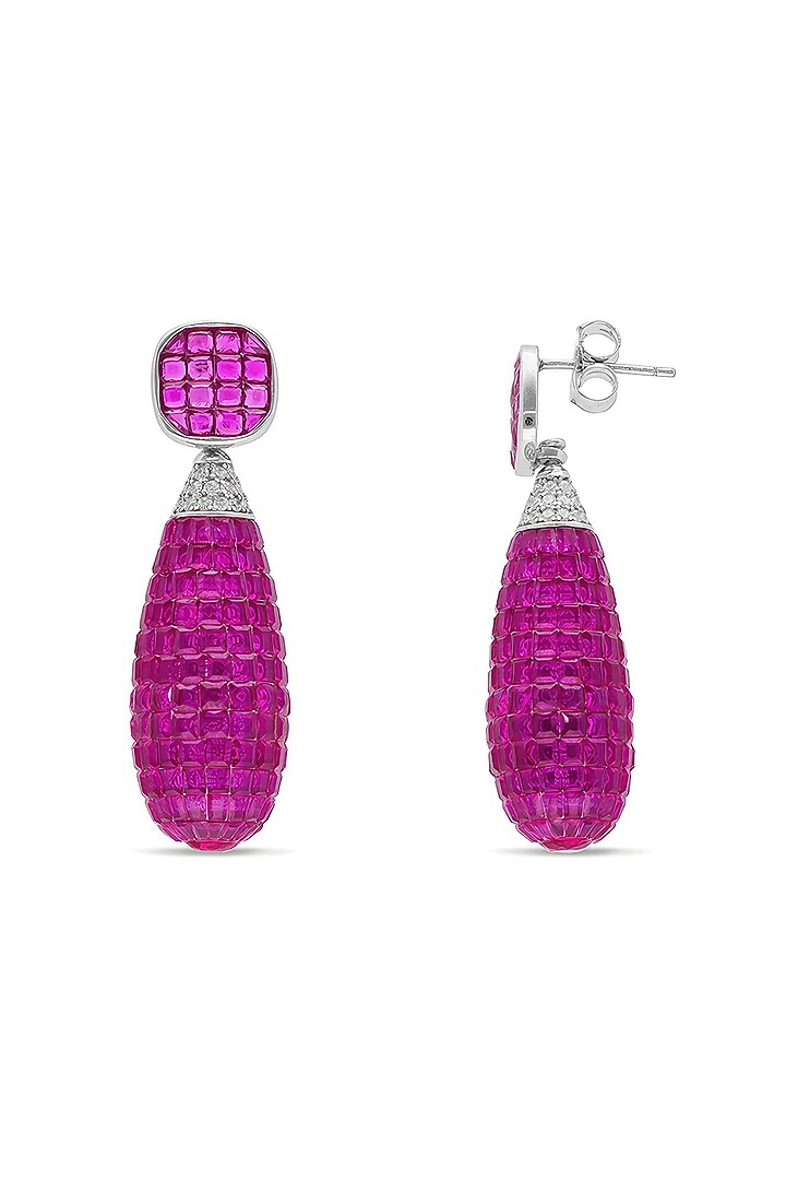 White Rhodium Finish Ruby Spinel Stone Dangler Earrings In Sterling Silver by MISS JO at Pernia's Pop Up Shop