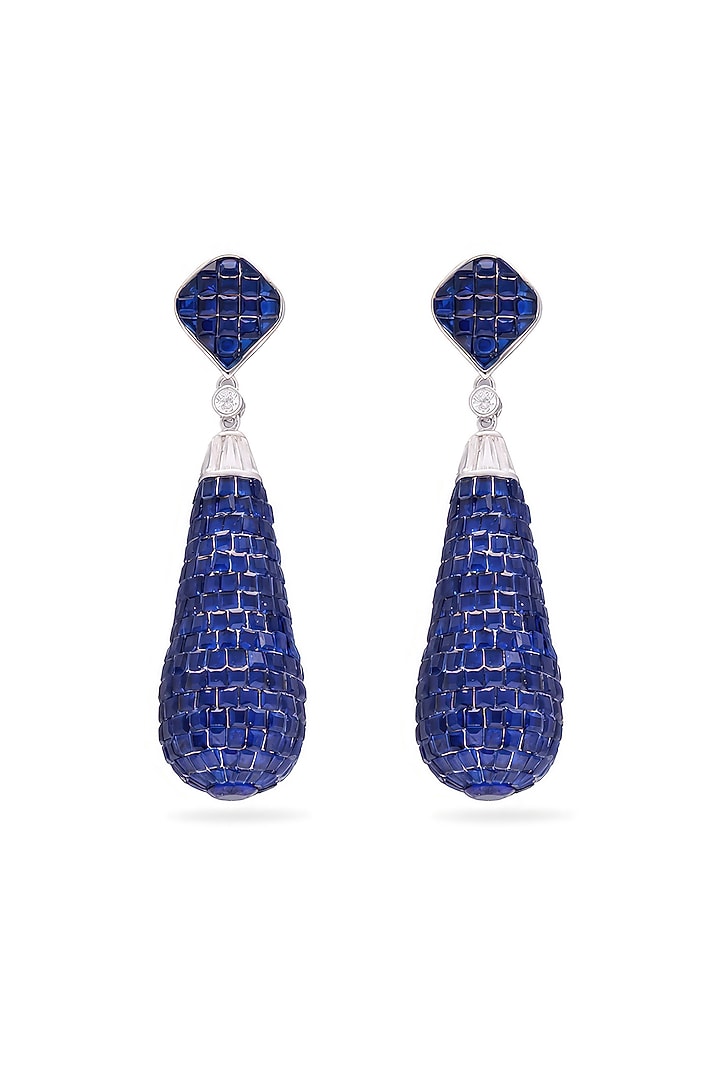 White Rhodium Finish Sapphire Spinel Stone Teardrop Dangler Earrings In Sterling Silver by MISS JO at Pernia's Pop Up Shop