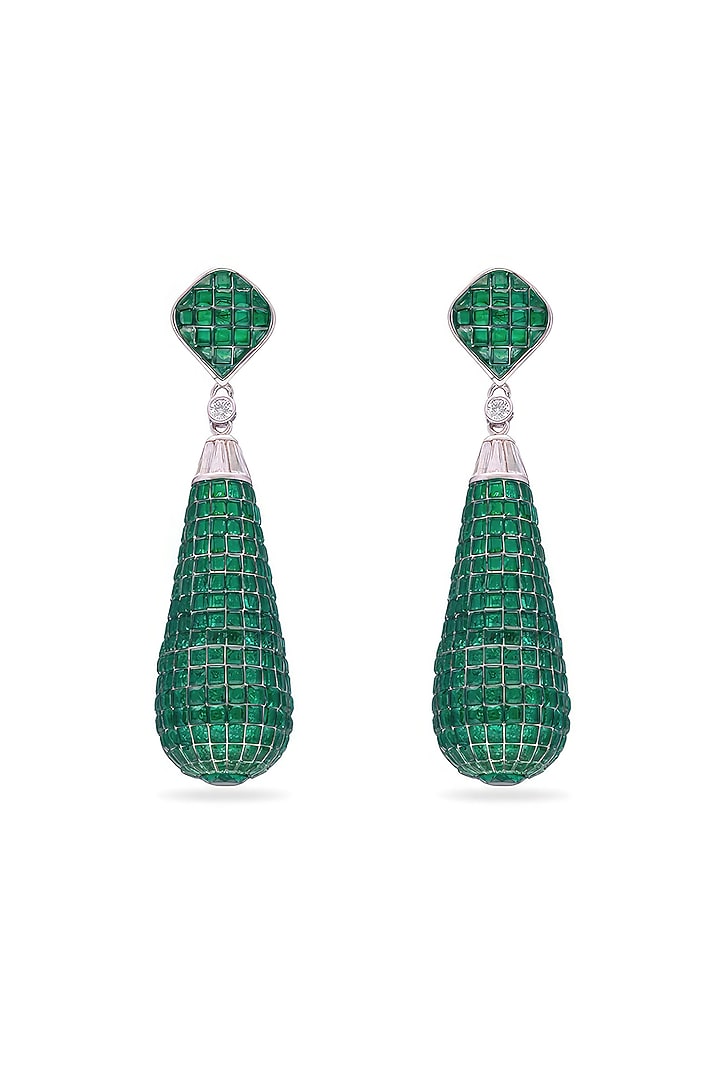 White Rhodium Finish Emerald Spinel Stone Teardrop Dangler Earrings In Sterling Silver by MISS JO at Pernia's Pop Up Shop