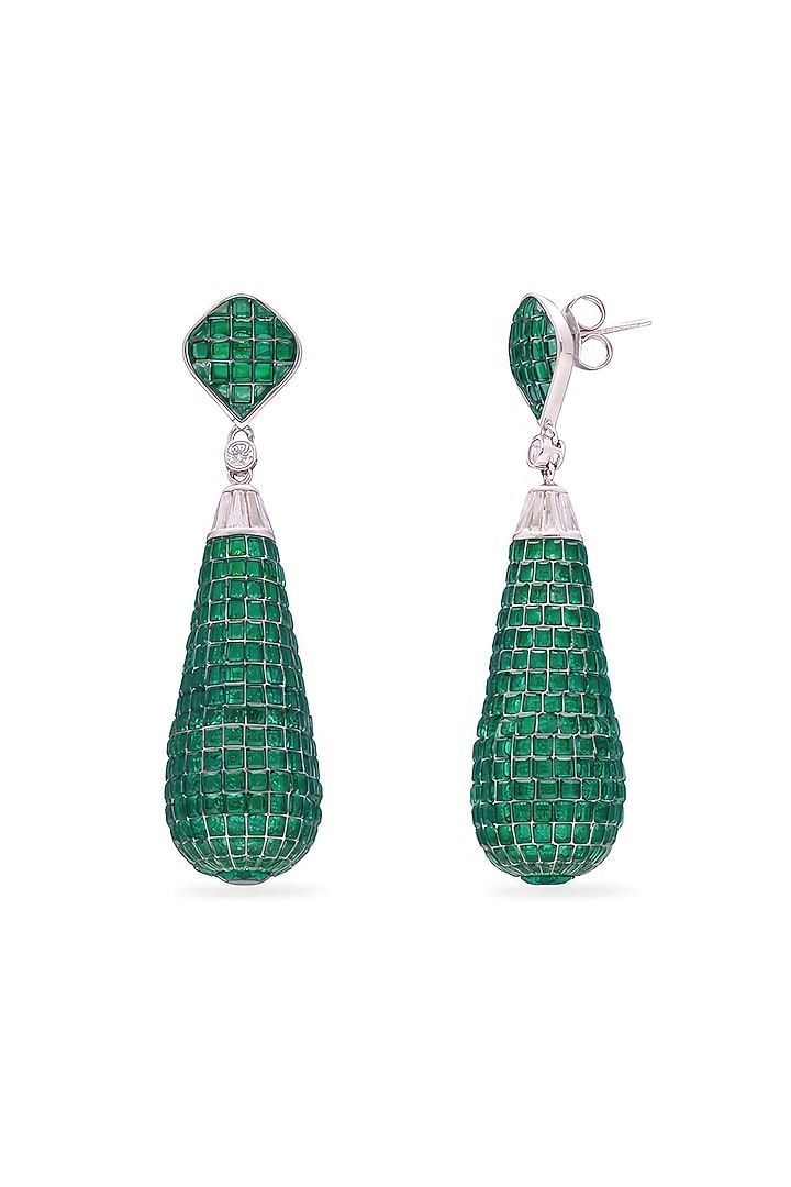 White Rhodium Finish Emerald Spinel Stone Teardrop Dangler Earrings In Sterling Silver by MISS JO at Pernia's Pop Up Shop