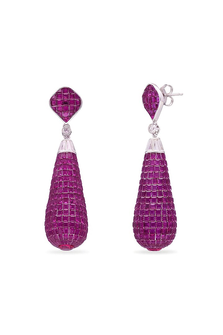 White Rhodium Finish Ruby Spinel Stone Teardrop Dangler Earrings In Sterling Silver by MISS JO at Pernia's Pop Up Shop
