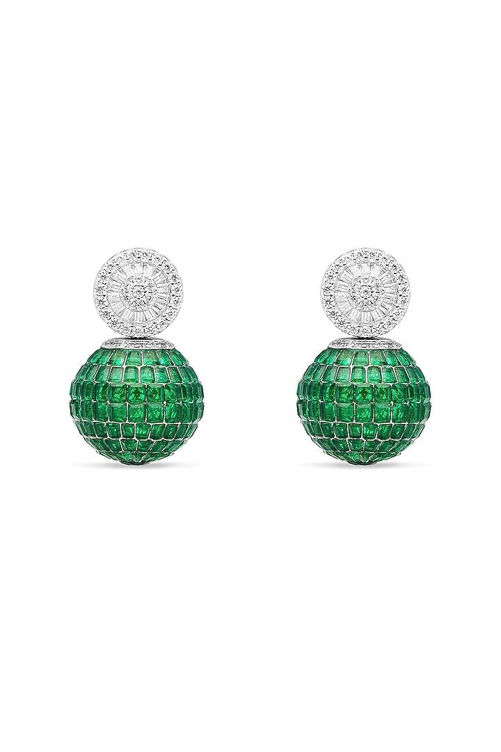 White Rhodium Finish Emerald Spinel Stone Stud Earrings In Sterling Silver by MISS JO at Pernia's Pop Up Shop