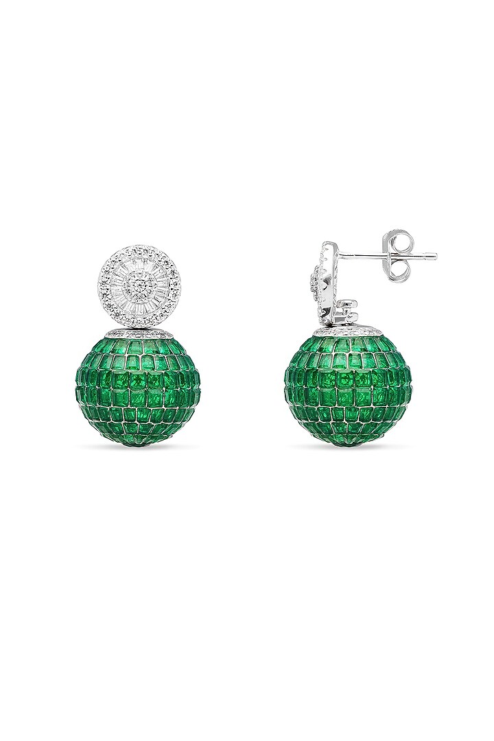 White Rhodium Finish Emerald Spinel Stone Stud Earrings In Sterling Silver by MISS JO at Pernia's Pop Up Shop