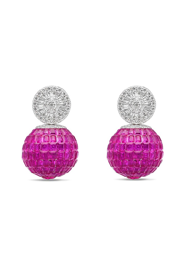 White Rhodium Finish Ruby Spinel Stone Stud Earrings In Sterling Silver by MISS JO at Pernia's Pop Up Shop