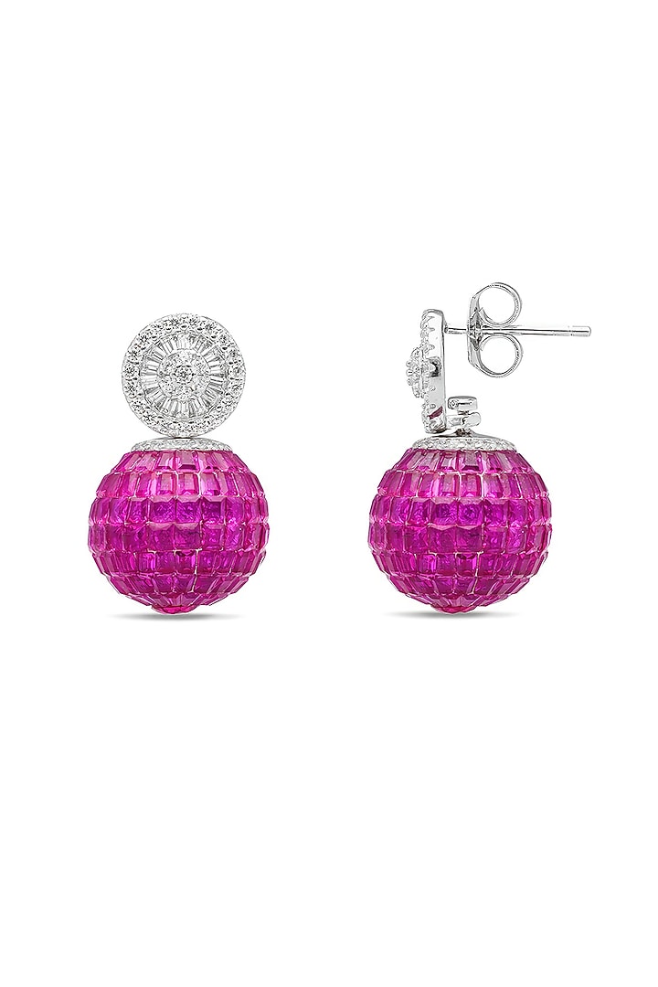 White Rhodium Finish Ruby Spinel Stone Stud Earrings In Sterling Silver by MISS JO at Pernia's Pop Up Shop