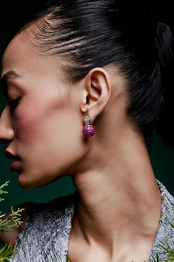 White Rhodium Finish Ruby Spinel Stone Stud Earrings In Sterling Silver by MISS JO at Pernia's Pop Up Shop